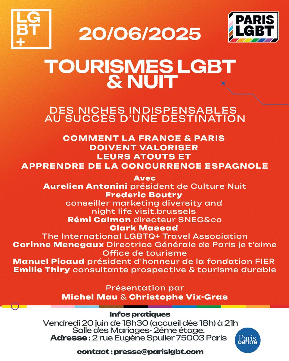 Tourismes LGBT &amp; Nuit : 
des créneaux indispensables au succès d’une destination.
Explorons les bonnes pratiques des tourismes LGBT et nocturne avec les exemples concrets présentés par les intervenant·e·s
Vendredi 20 juin 18h entrée libre à 
parislgbt.com/listing/confer…