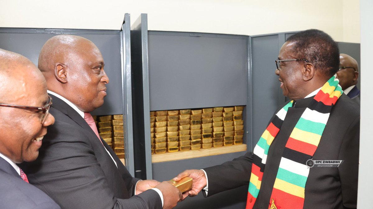 Jenfan Muswere (@honjmuswerejnr) on Twitter photo Yesterday H.E. President <a href="/edmnangagwa/">President of Zimbabwe</a> conducted a tour of the Reserve Bank of Zimbabwe to inspect vaults .
The President gave an instruction to the RBZ 2 years ago to start building national reserves of precious metals. Currently the vaults hold 3.4 metric tonnes of gold, an Yesterday H.E. President <a href="/edmnangagwa/">President of Zimbabwe</a> conducted a tour of the Reserve Bank of Zimbabwe to inspect vaults .
The President gave an instruction to the RBZ 2 years ago to start building national reserves of precious metals. Currently the vaults hold 3.4 metric tonnes of gold, an