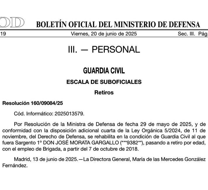 AUGC Guardia Civil 🇪🇸 (@augc_comunica) on Twitter photo 🚨AUGC-COMUNICA 🚨
⚖️ JUSTICIA HISTÓRICA⚖️
El BOD pone fin a una injusticia: José Morata, expulsado por defender derechos, es rehabilitado como Guardia Civil.
📣 Desde <a href="/AUGC_Comunica/">AUGC Guardia Civil 🇪🇸</a> celebramos una victoria de todos.
𝓟𝓸𝓻𝓺𝓾𝓮 𝓵𝓪 𝓭𝓲𝓰𝓷𝓲𝓭𝓪𝓭 𝓹𝓾𝓮𝓭𝓮 𝓼𝓮𝓻 🚨AUGC-COMUNICA 🚨
⚖️ JUSTICIA HISTÓRICA⚖️
El BOD pone fin a una injusticia: José Morata, expulsado por defender derechos, es rehabilitado como Guardia Civil.
📣 Desde <a href="/AUGC_Comunica/">AUGC Guardia Civil 🇪🇸</a> celebramos una victoria de todos.
𝓟𝓸𝓻𝓺𝓾𝓮 𝓵𝓪 𝓭𝓲𝓰𝓷𝓲𝓭𝓪𝓭 𝓹𝓾𝓮𝓭𝓮 𝓼𝓮𝓻
