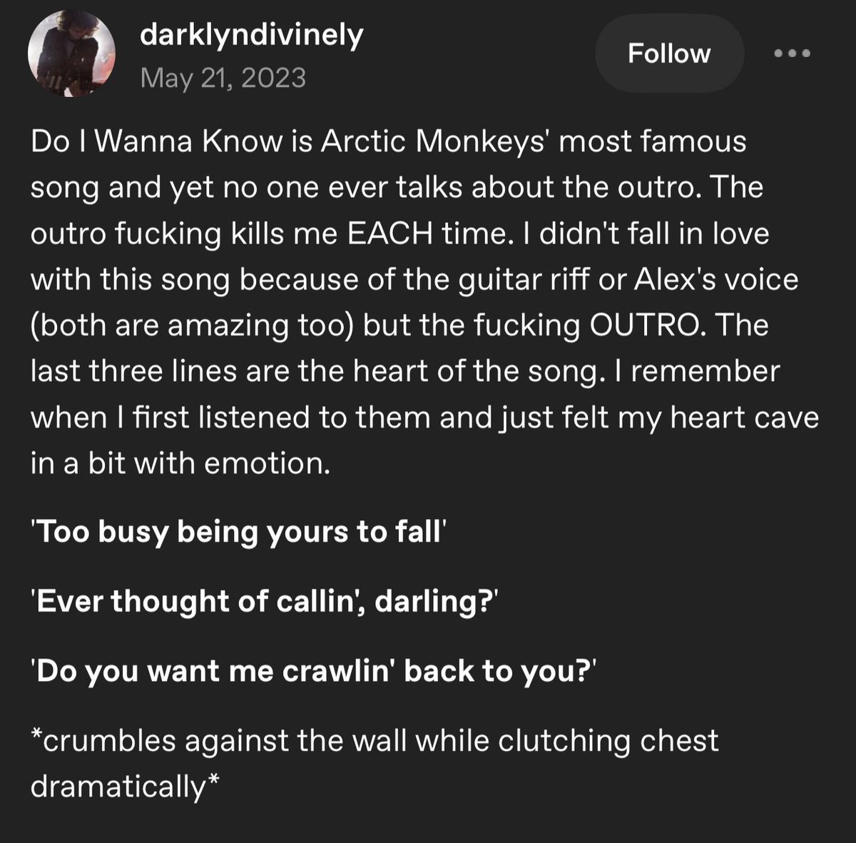 columbiamonkeys's tweet photo. Happy 12 years to ‘Do I Wanna Know’ 🖤 https://t.co/wME8XLeduw