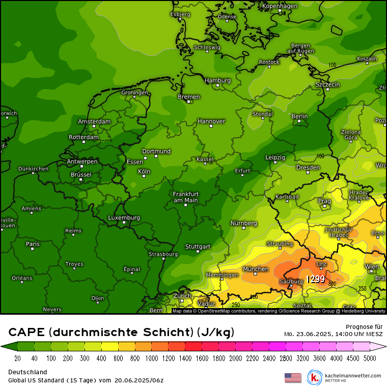 Am Montag sind dann im Südosten teils schwere Gewitter, örtl. auch Unwetter möglich. Hier kann sich v.a. nach dem ECMWF nochmal viel Energie, gepaart mit starker Scherung &amp; hoher Feuchte aufbauen. Alles weitere mit den nächsten Läufen.
Aktuelle Karten:
kachelmannwetter.com/de/modellkarte… /LD