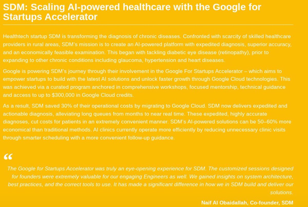 فخورة برؤية <a href="/sdm_ai/">SDM</a> ضمن تقرير Google للتأثير الاقتصادي، والإشادة بما نقوم به خلال مؤتمر Google AI Connect.

شارك الشريك المؤسس نايف العبيدالله رحلة سدم ضمن دراسة استعرضت جهود فريقنا في تحويل تشخيص الأمراض المزمنة باستخدام تقنيات الذكاء الاصطناعي.

هذا التقدير يعني الكثير، ليس لي