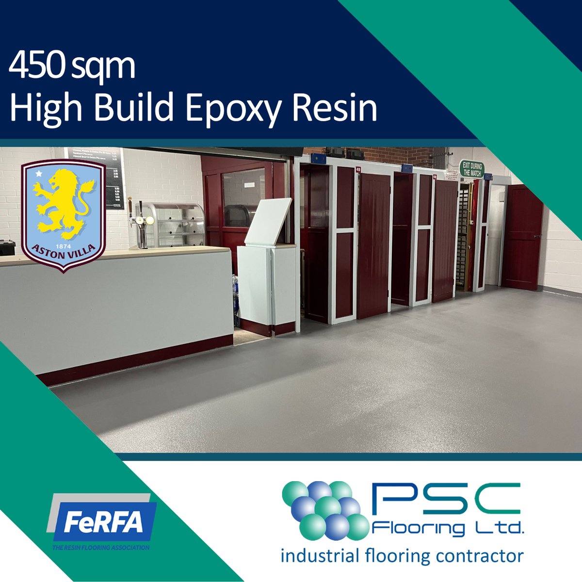 PSC flooring were called in by a third party contractor to look at 450 square metres of concourse as part of a wider refurbishment project in the famous Holte end, at Aston Villa’s ground at Villa Park Football Ground. rb.gy/u3bc18 #epoxyresin #commercialflooring