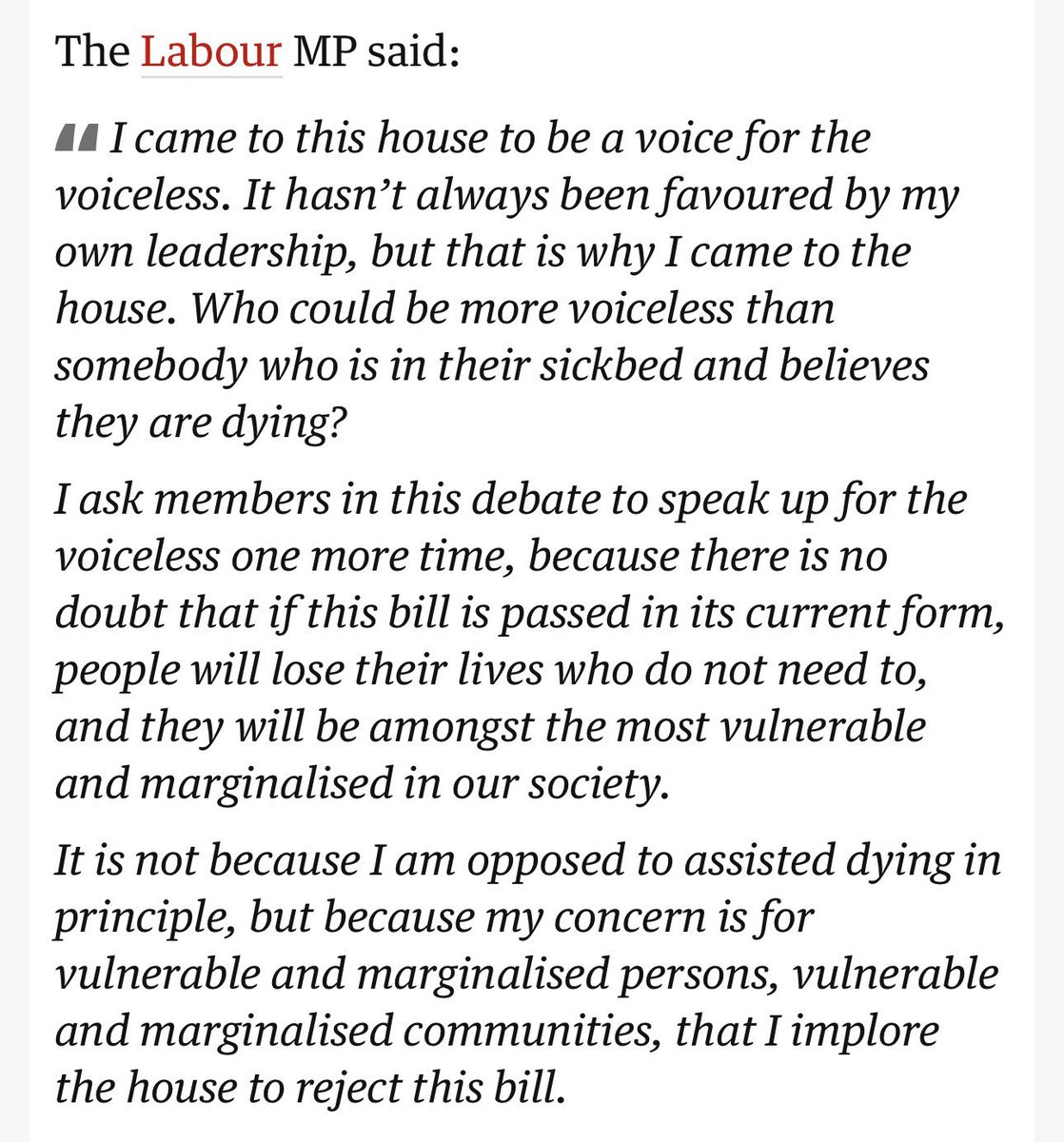 From Diane Abbott’s hugely powerful speech in Parliament today in opposition to the actual and specific Assisted Dying Bill that MPs have to decide whether to put their name to today.