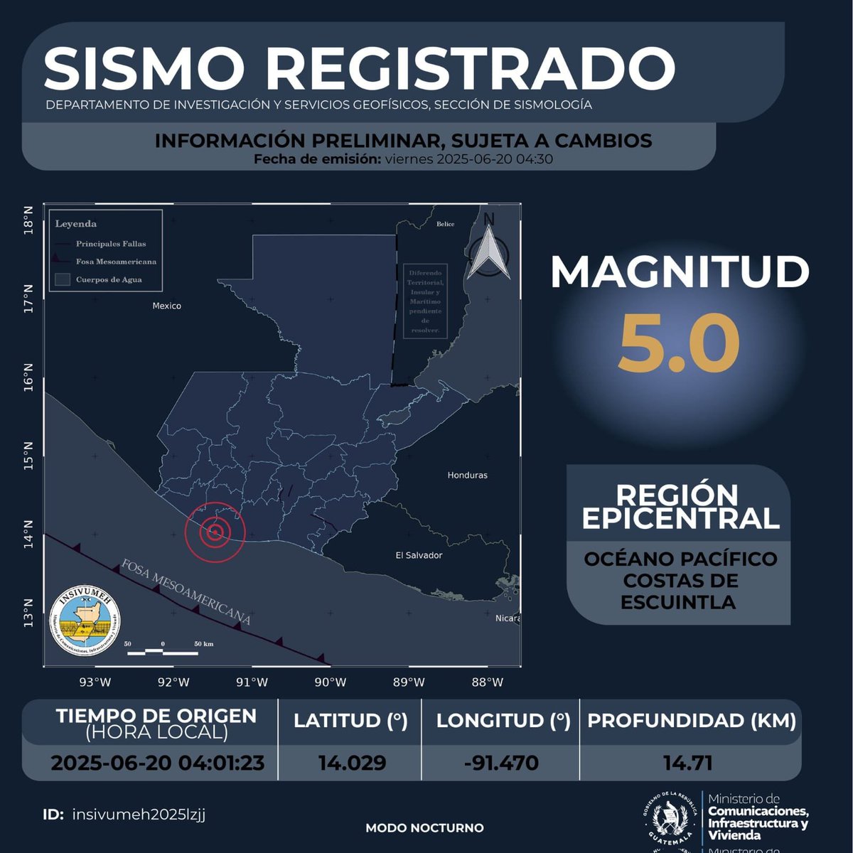 Un sismo de magnitud 5.0 sorprendió a los guatemaltecos la madrugada de este viernes, según reportó el INSIVUMEH. El movimiento telúrico se registró a las 04:01 a.m., con epicentro en las costas del departamento de Escuintla.

Vía: <a href="/ArlettG_/">Arlett Gonzalez</a>