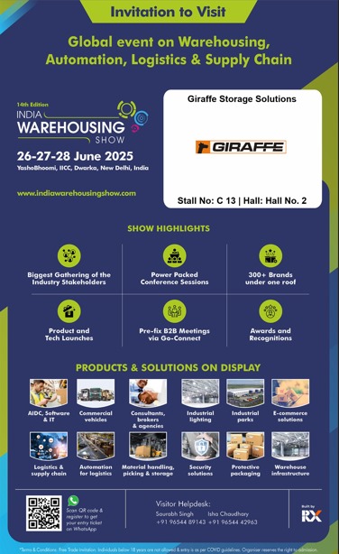 GiraffeStorage's tweet image. 🦒 Catch GIRAFFE at India Warehousing Show 2025 – June 26-28 in New Delhi!
Explore smart racking, automation &amp;amp; storage that reach higher! 📦🚛
#IWS2025 #GiraffeStorageSolutions #SmartStorage #WarehousingIndia