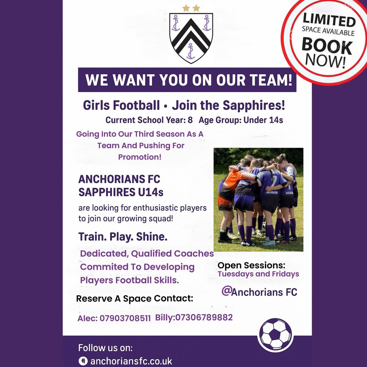 🚨 Calling all Year 8 girls who love football! ⚽️
Join the Anchorians FC Sapphires U14s &amp; be part of something special 💜
📅 Open sessions: Tuesdays &amp; Fridays
📞 Alec: 07903708511 | Billy: 07306789882
🔗 anchoriansfc.co.uk
#GirlsFootball #anchoriansandthecommunity