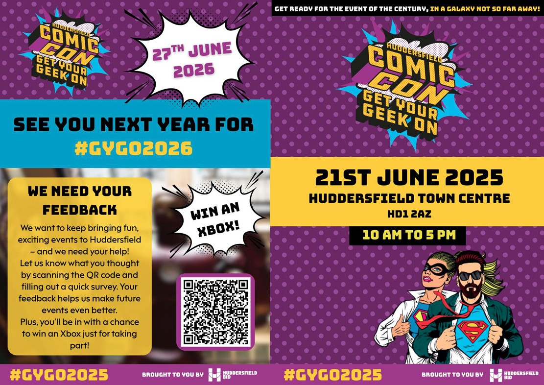 Come and Try Axe throwing here on The Piazza tomorrow, June 21st,10am to 4pm.
All the other Get Your Geek On activities are close by too.
MORE DETAILS ON huddersfieldbid.co.uk/events/
#Huddersfield #gygo2025 #kirklees