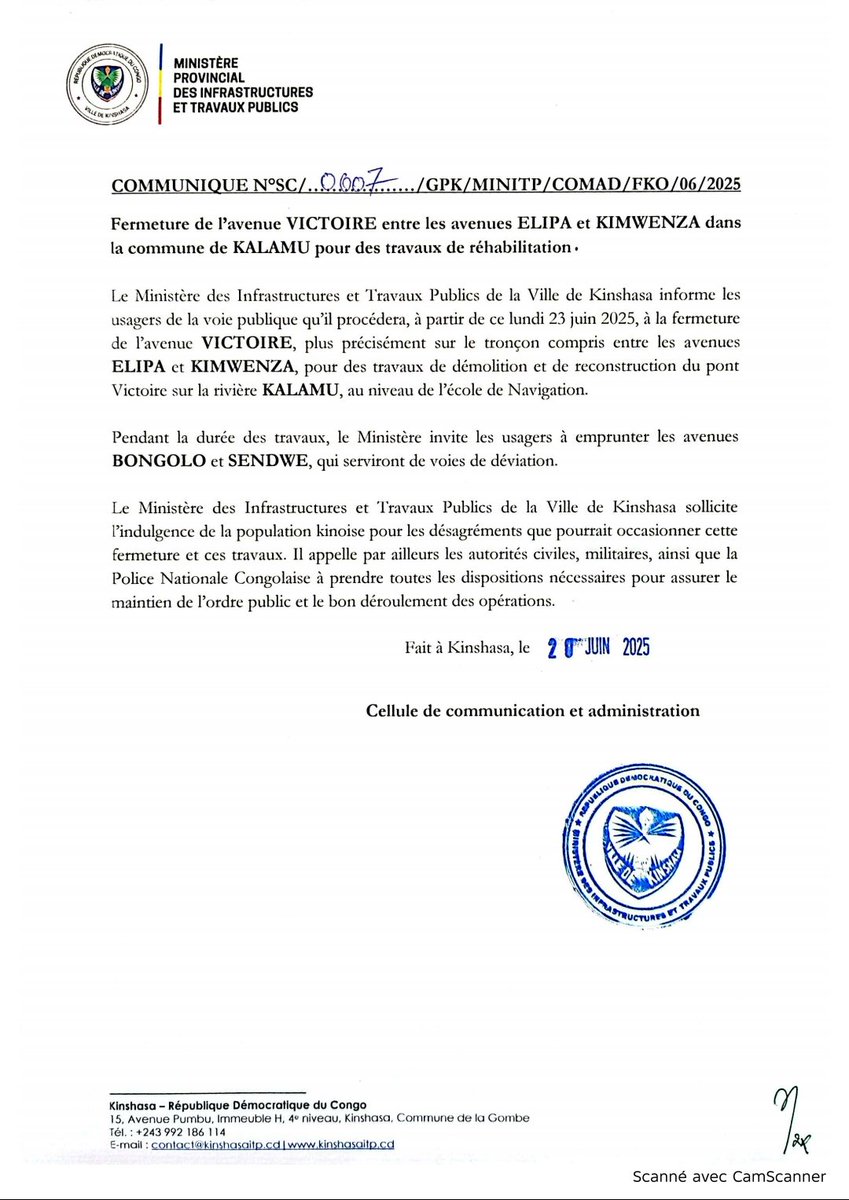 Josue Lutumbatony (@jlutumbatony) on Twitter photo đ§ Fermeture de lâAvenue Victoire Ă Kinshasa dĂšs le 23 juin 2025 !
Entre les avenues Elipa et Kimwenza, des travaux de réhabilitation du pont sur la riviÚre Kalamu seront lancés.
âĄïž DĂ©viation par : Bongolo et Sendwe
đ Merci de votre comprĂ©hension.
<a href="/GouvernoratK/">Gouvernorat de Kinshasa</a> <a href="/KinshasaITP/">Kinshasa âą Infrastructures et Travaux Publics</a> đ§ Fermeture de lâAvenue Victoire Ă Kinshasa dĂšs le 23 juin 2025 !
Entre les avenues Elipa et Kimwenza, des travaux de réhabilitation du pont sur la riviÚre Kalamu seront lancés.
âĄïž DĂ©viation par : Bongolo et Sendwe
đ Merci de votre comprĂ©hension.
<a href="/GouvernoratK/">Gouvernorat de Kinshasa</a> <a href="/KinshasaITP/">Kinshasa âą Infrastructures et Travaux Publics</a>