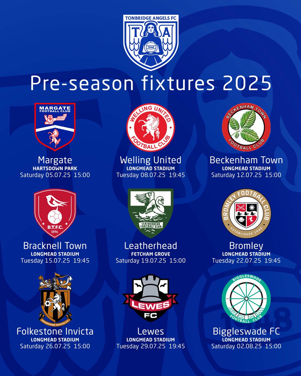 📔 | 𝗣𝗥𝗘-𝗦𝗘𝗔𝗦𝗢𝗡 𝗗𝗔𝗧𝗘𝗦

A reminder of our pre-season list of friendlies for which tickets are on sale online

tonbridgeangels.co.uk/buy-tickets
