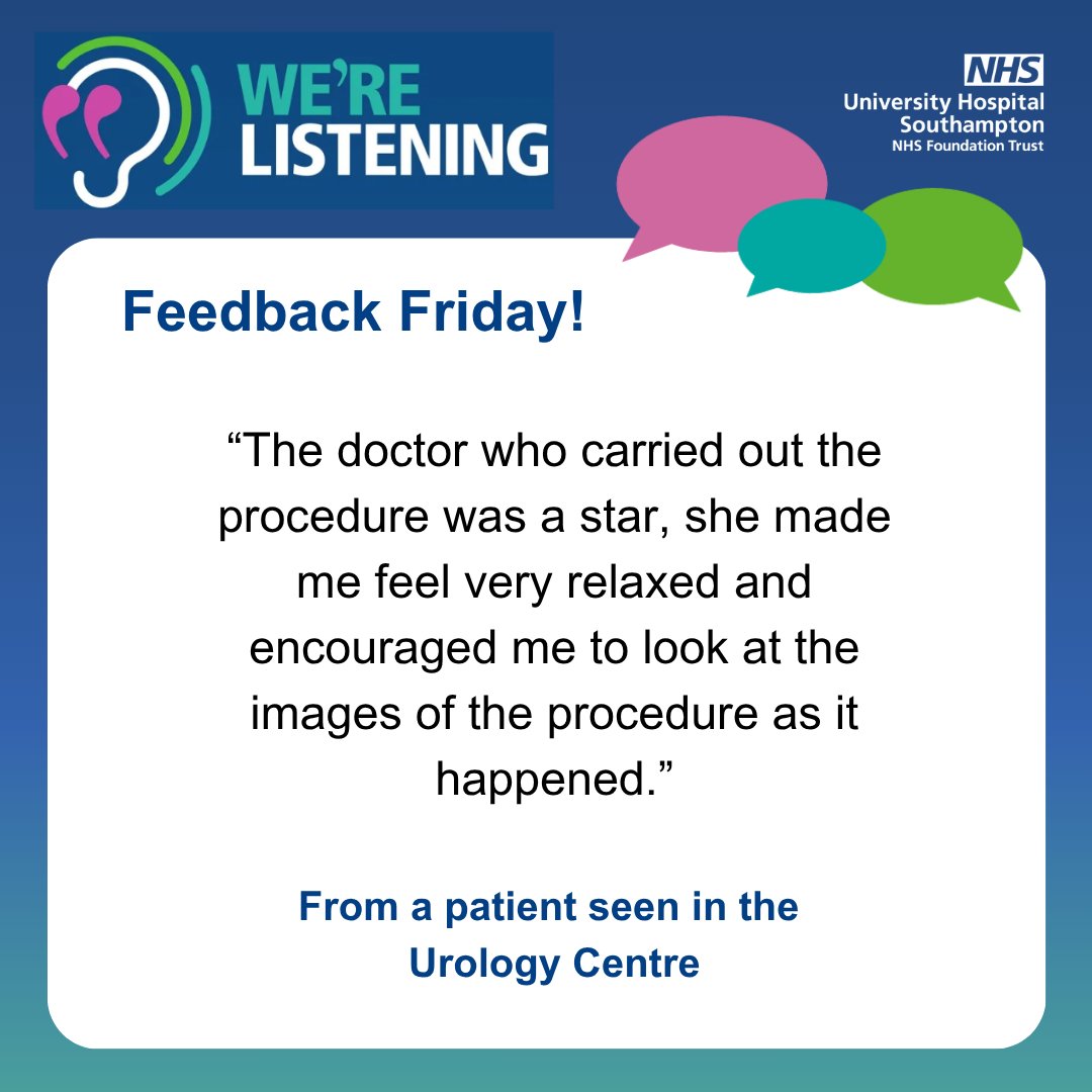 WecareUHSFT's tweet image. Happy Feedback Friday!🎉
Each Friday we celebrate the successes of different teams and staff across @UHSFT, with all of the feedback coming from our Friends and Family Tests (FFTs).
Our feedback this week is from a patient seen in the Urology Centre!