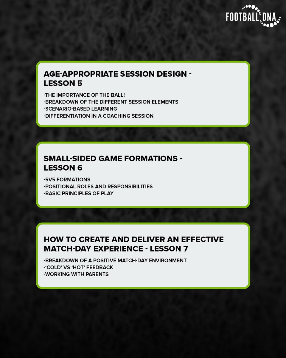 Football DNA’s comprehensive coaching courses offer a structured and in-depth guide for coaches working with players aged 5 to 16 ⚽️

Here are the lessons included in the ‘Coaching The U5 - U8 Age Group’ course 👀

Get involved here: footballdna.co.uk/football-coach…