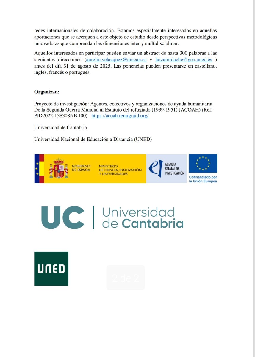 📍El 13 y 14 de noviembre nuestro grupo organiza en la <a href="/unican/">Universidad de Cantabria</a> este maravilloso congreso sobre Ayuda Humanitaria, en el marco del proyecto ACOAH. 📣 Call abierto a propuestas de comunicación 
<a href="/UNED/">UNED</a> <a href="/Ahistcon/">Asociación de Historia Contemporánea</a>