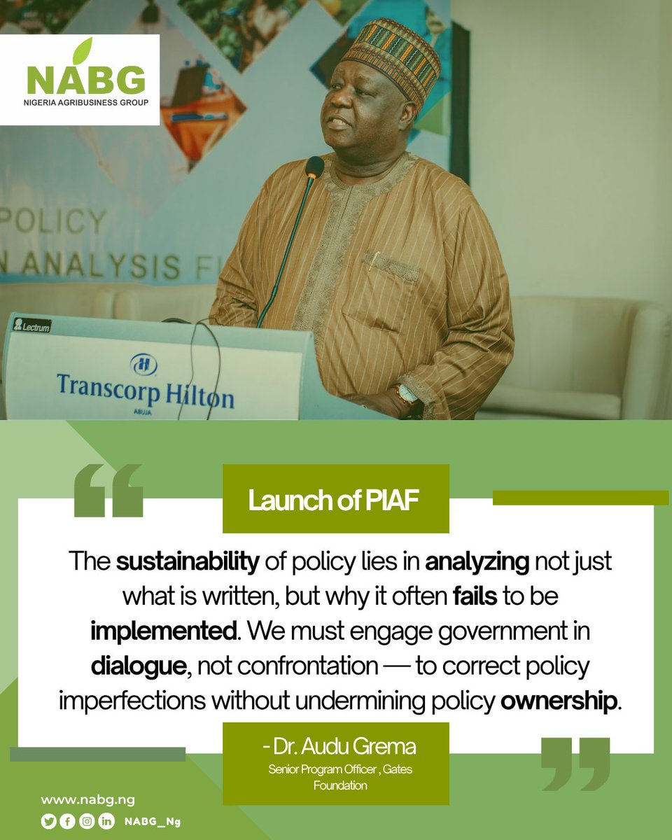 NABG_ng's tweet photo. 🔍 Good policies fail when no one asks why.

Dr. Audu Grema of @gatesfoundation  calls for smart, evidence-based reflection and courageous dialogue at the #PIAFLaunch by Nigeria AgriBusiness Group (NABG).

#PolicyMatters #ImplementationGap #PIAFLaunch #PolicyAnalysis #NABG https://t.co/AeL4BLS87B