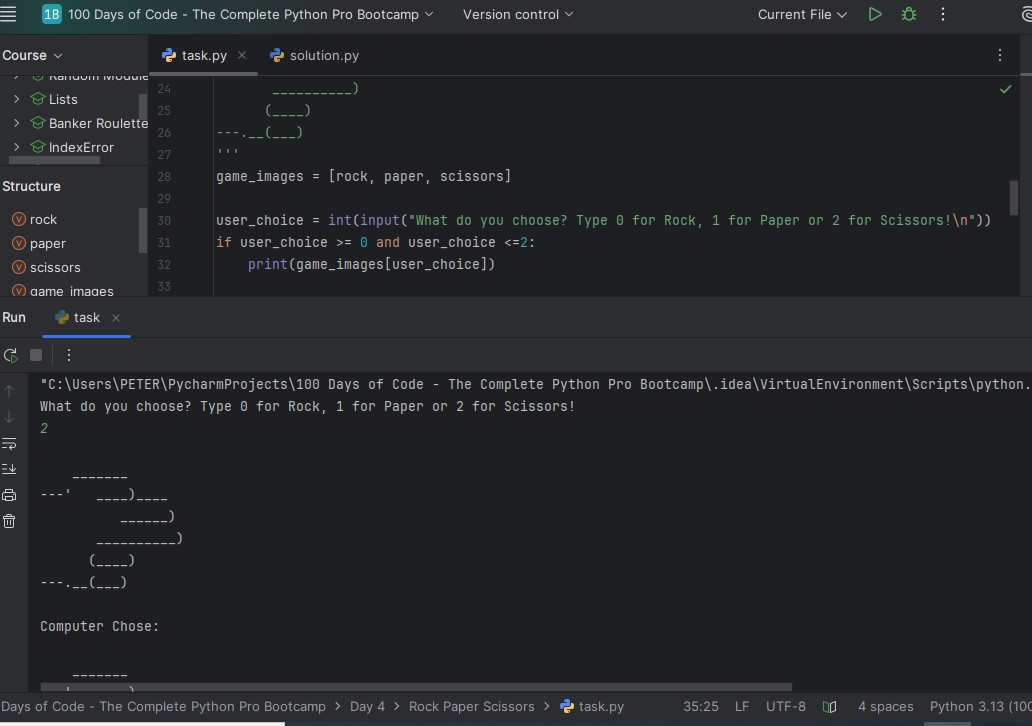 My project for today is building a Rock, Paper, Scissors game with python. I used ASC images &amp; Python concepts like lists, variables, if &amp; else statements(nested), randomization and a lot of logic to build this. What other basic Python concepts can I use to make my code simpler?