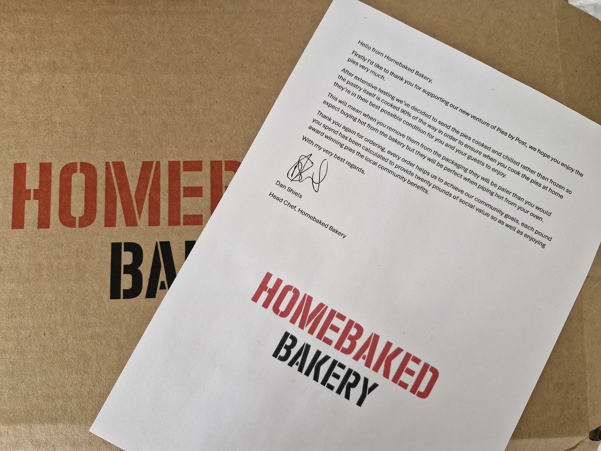 ChrisCowcher's tweet image. Now that's the kind of boost you need on a Friday... @HomebakedBakery pies, delivered to my door in Warwickshire. Love the note from the head chef that confirms for every £1 spent on their pies, another £20 of social value is generated!!! The power of #ComBiz.