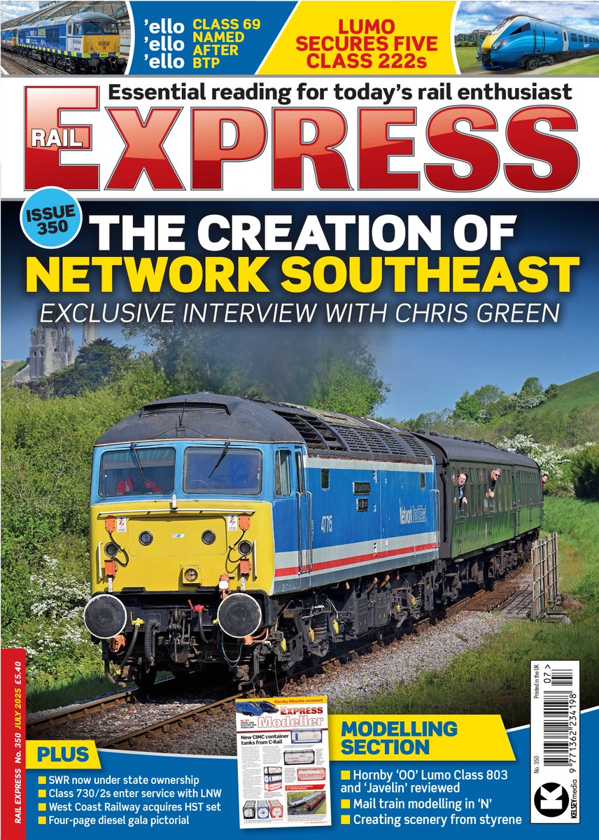 railexpress's tweet image. On sale today, issue 350 of Rail Express, featuring a fascinating interview with Chris Green OBE, some great diesel gala pictures, latest news of Lumo's plans and the launch of LNW's 730/2 fleet, plus lots of news from the national network and preservation. Price £5.40.