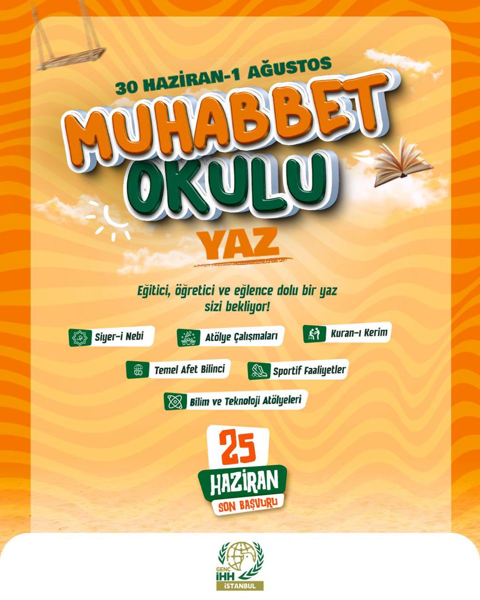 Yaz Muhabbet Okulu Başlıyor! 🚀

Eğitici, öğretici ve eğlence dolu bir yaz sizi bekliyor! 🩵

🗓️ 30 Haziran - 1 Ağustos 
📍Mimarsinan Ortaokulu
⛓️‍💥 Detaylı bilgi ve başvuru için linke tıkla; 

👉ihh.org.tr/basvuru/istyaz…