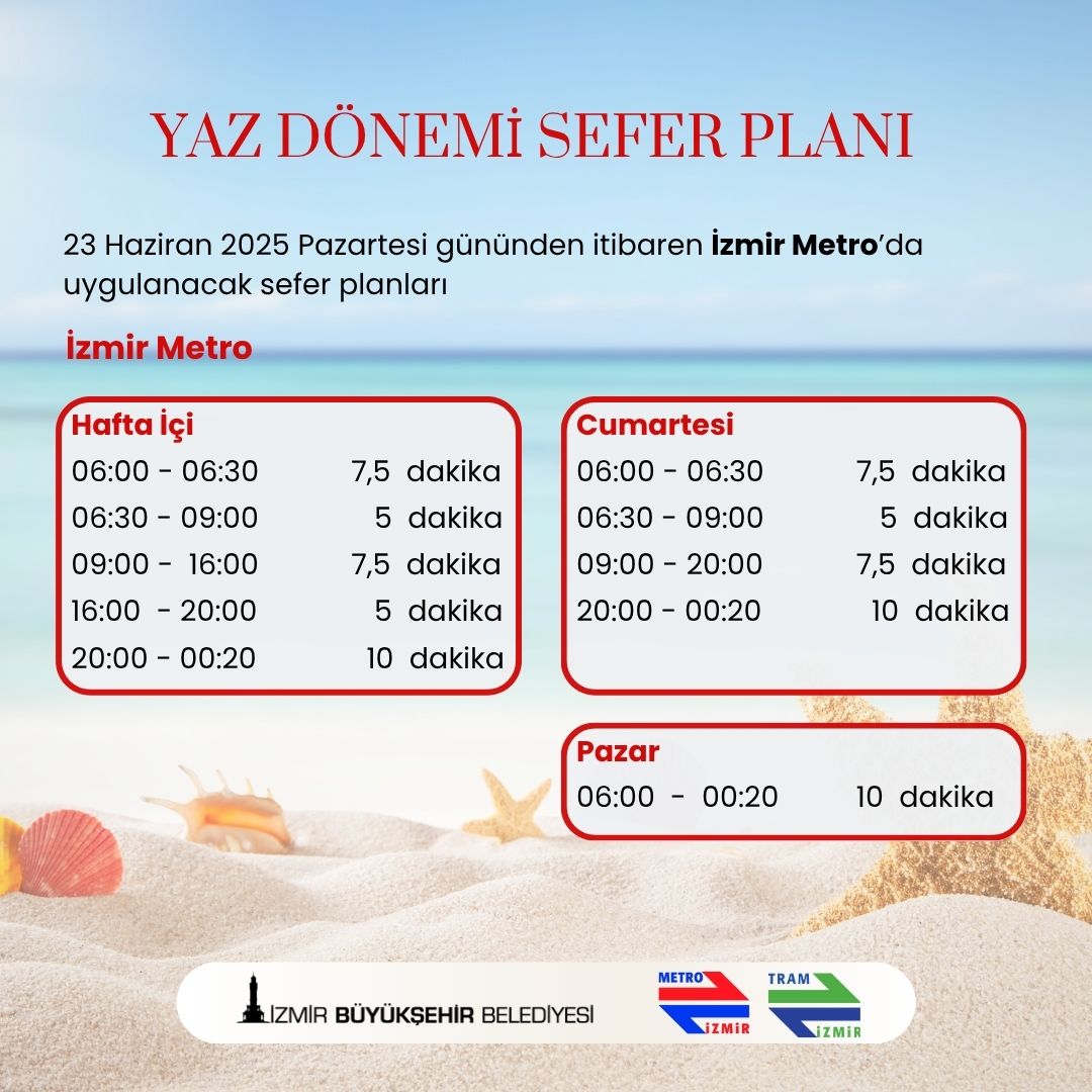 23 Haziran 2025 Pazartesi gününden itibaren güncel sefer planlarına resmi web sitelerimizden de ulaşabilirsiniz.
Tram İzmir: tramizmir.com
İzmir Metro: izmirmetro.com.tr
