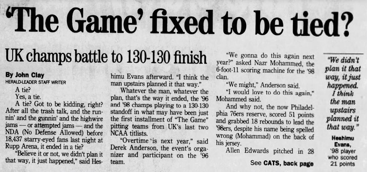catsclassics's tweet image. On this day in 1999, the 1996 and 1998 Kentucky national champs battled to a 130-130 tie in front of over 18,000 fans at Rupp Arena.
Nazr Mohammed finished with 51 points and 18 boards for the '98 team.