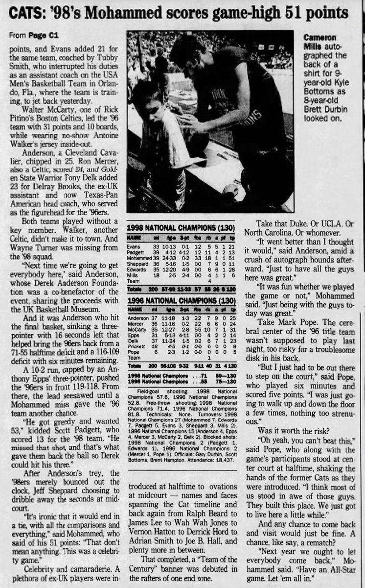 catsclassics's tweet image. On this day in 1999, the 1996 and 1998 Kentucky national champs battled to a 130-130 tie in front of over 18,000 fans at Rupp Arena.
Nazr Mohammed finished with 51 points and 18 boards for the '98 team.