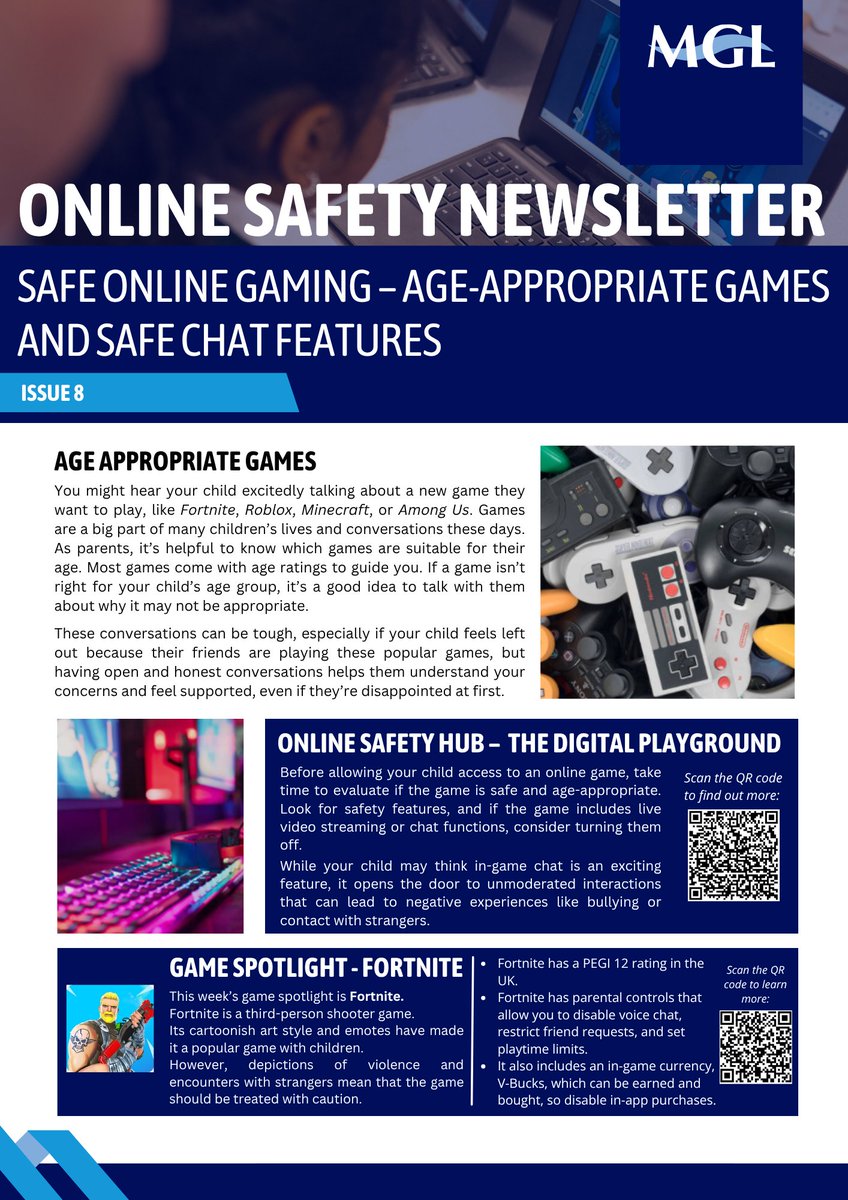 MGLWorldNews's tweet image. Issue 8 of our Online Safety Newsletter focuses on age-appropriate games, safe chat features and popular game Fortnite 🎮
#MGL #OnlineSafety