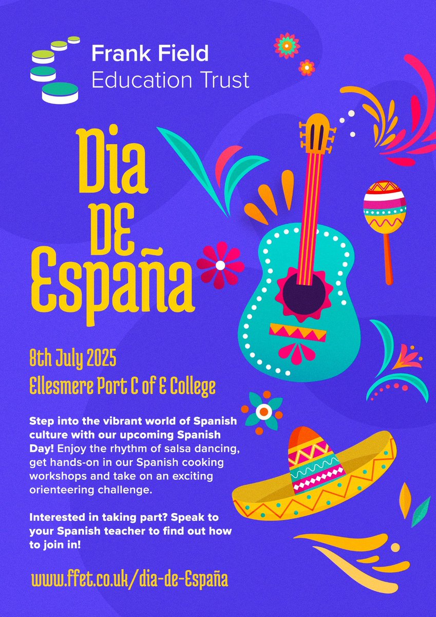 🇪🇸 🪇 Spanish Day 🪇🇪🇸

Students from across FFET are invited to experience the sights, sounds, and flavours of Spain through a day packed with exciting activities! 🎉

To take part, students must speak with their Spanish Teacher. ✨

For more info 👇
ffet.co.uk/dia-de-espana