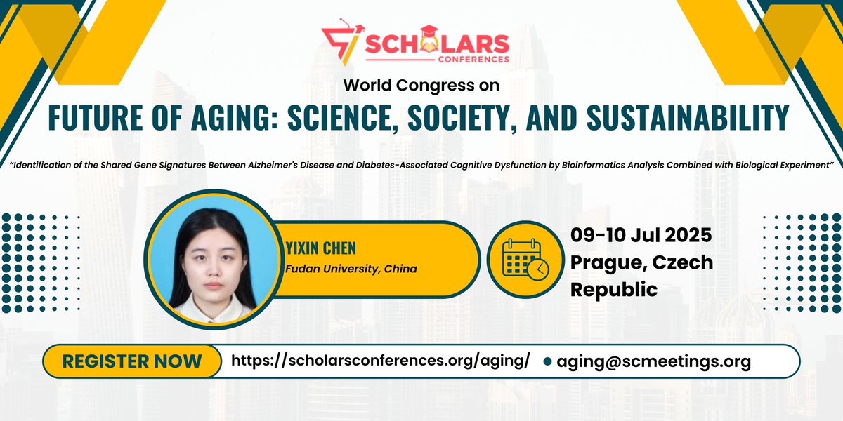 Aging Conference (@aging2025) on Twitter photo 📣 Exciting Announcement!
We are thrilled to welcome Yixin Chen from Fudan University, China to the WCFA, taking place on July 09–10, 2025 in Prague, Czech Republic.
📌 The Scientific Program is now LIVE on Website!
Explore the full agenda and speakers.
<a href="/ScholarsConfer1/">Scholars Conferences</a> 📣 Exciting Announcement!
We are thrilled to welcome Yixin Chen from Fudan University, China to the WCFA, taking place on July 09–10, 2025 in Prague, Czech Republic.
📌 The Scientific Program is now LIVE on Website!
Explore the full agenda and speakers.
<a href="/ScholarsConfer1/">Scholars Conferences</a>