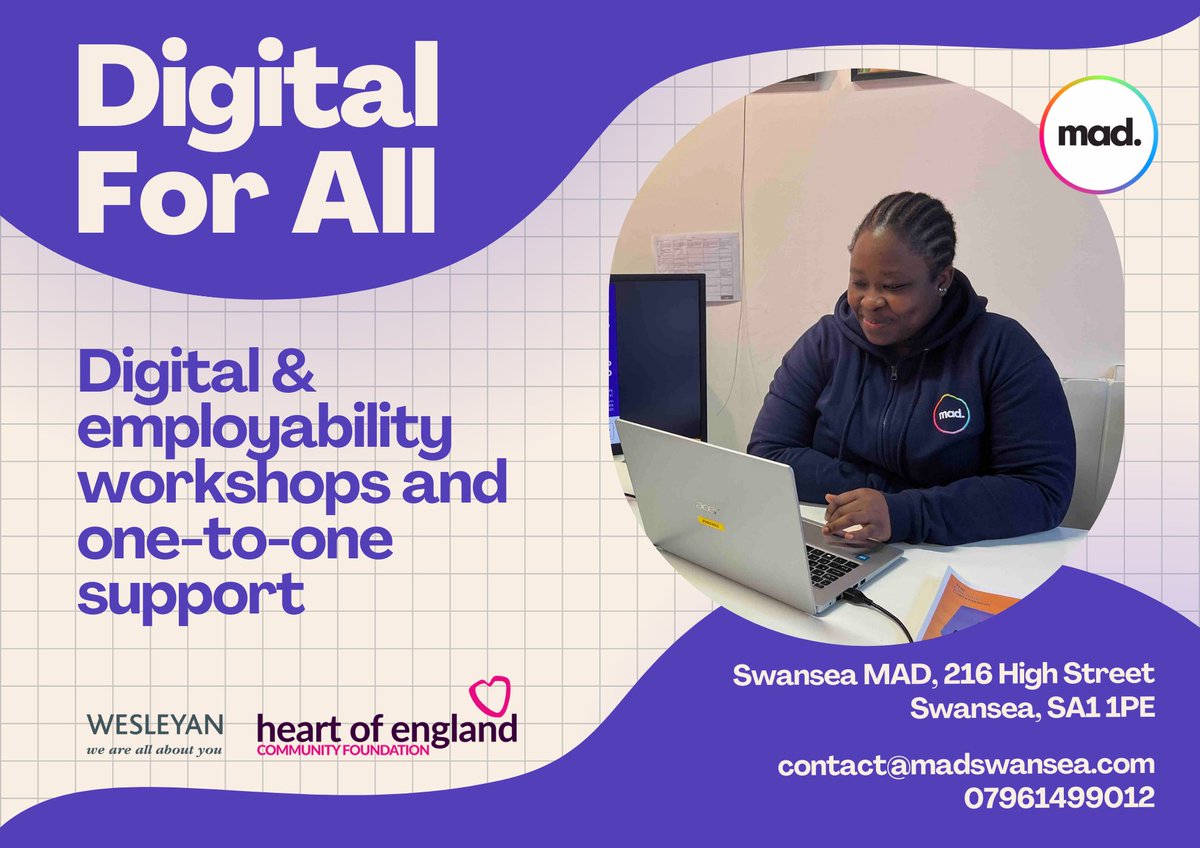 Swansea MAD (@swanseamad) on Twitter photo Digital & employability workshops and one-to-one support at <a href="/SwanseaMAD/">Swansea MAD</a>!
swanseamad.com/events
Swansea MAD, 216 High Street, Swansea, SA1 1PE
contact@madswansea.com
07961499012
<a href="/Wesleyan/">Wesleyan</a>
<a href="/HoECF/">Heart of England Community Foundation</a> Digital & employability workshops and one-to-one support at <a href="/SwanseaMAD/">Swansea MAD</a>!
swanseamad.com/events
Swansea MAD, 216 High Street, Swansea, SA1 1PE
contact@madswansea.com
07961499012
<a href="/Wesleyan/">Wesleyan</a>
<a href="/HoECF/">Heart of England Community Foundation</a>