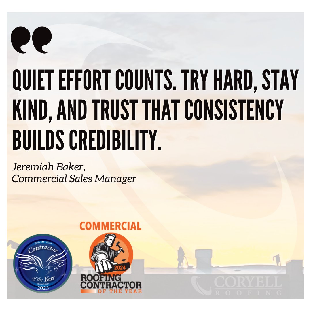 Quiet effort counts. Try hard, stay kind, and trust that consistency builds credibility.
— Jeremiah Baker, Commercial Sales Manager
#FridayInspo #KindLeadership #TeamCoryell #RoofingWisdom #LeadByExample #SettingTheStandard