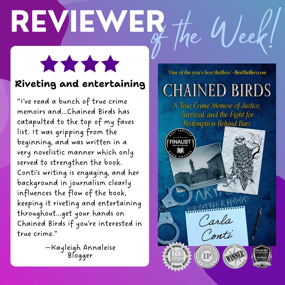 Carla Conti (@carlajeanconti) on Twitter photo π₯³ππ Shout out to my Reviewer of the Week, book blogger and Netgalley reviewer Kayleigh Annaleise aka <a href="/xthrashbaby/">π¨ππΆπ©π’π¦π€π₯ ππ«π«ππ©π’π¦π°π’</a>, who called #ChainedBirds "riveting and entertaining!" She said my journalism background influenced the flow, and that anyone interested in #TrueCrime should get π₯³ππ Shout out to my Reviewer of the Week, book blogger and Netgalley reviewer Kayleigh Annaleise aka <a href="/xthrashbaby/">π¨ππΆπ©π’π¦π€π₯ ππ«π«ππ©π’π¦π°π’</a>, who called #ChainedBirds "riveting and entertaining!" She said my journalism background influenced the flow, and that anyone interested in #TrueCrime should get