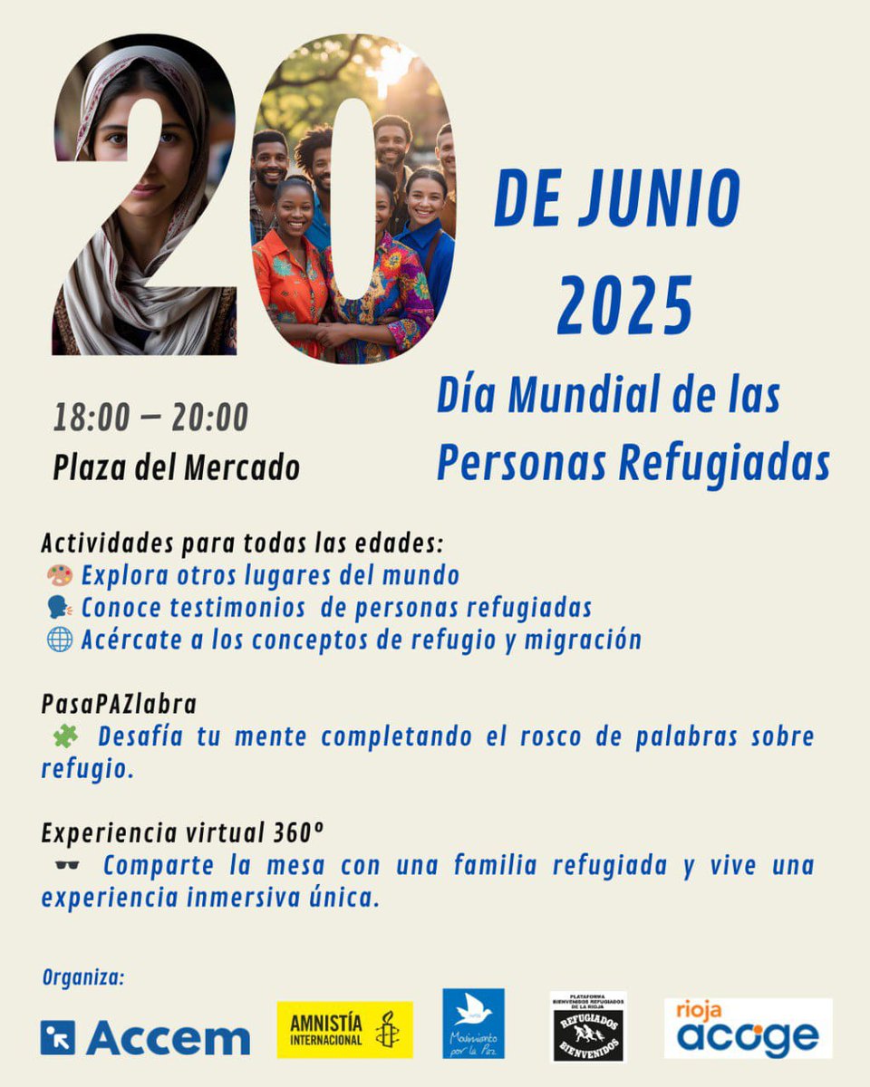 Recordamos!!! Esta tarde #20J estaremos en la Plaza del Mercado de #Logroño en  el #diamundialdelaspersonasrefugiadas
Con <a href="/Accem_ong/">Accem</a> <a href="/MovimientoxlPaz/">Movimiento por la Paz - MPDL</a> <a href="/refugiadxsrioja/">Bienvenidxs Refugiadxs La Rioja</a> y <a href="/RiojaAcoge/">Rioja Acoge</a>