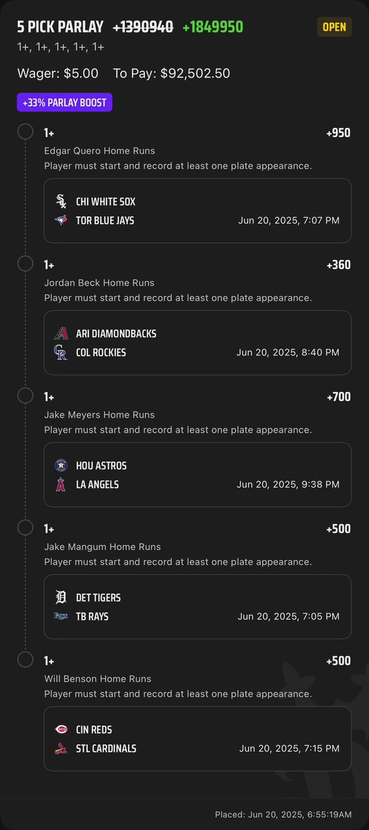 xBETS_Sports's tweet photo. 👑 KING OF THE DIAMOND 👑
$5 to win $92,502.50 🔥🔥🔥

☄️ Edgar Quero +950
☄️ Jordan Beck +360
☄️ Jake Meyers +700
☄️ Jake Mangum +500
☄️ Will Benson +500

The throne awaits… ⚾💰
One of the wildest dinger ladders of the year 😮‍💨

#MLB #HomeRunParlay #LongshotSeason #xBETS #BaseballBets #MLBGambling #ParlayMagic #HRKing #BoomOrBust #BettingTwitter