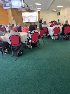 Summer Conference at Taunton Racecourse. Delegates enjoying their coffee break visiting our exhibitors stands . YR  and Y1 Workshop with Stefanie and the room enthralled with Geoff Wake.