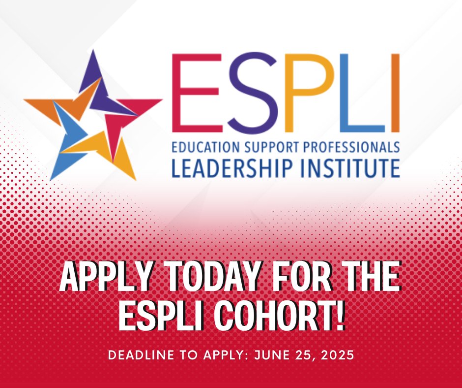 myAEA's tweet image. 🚨 Calling ALL Education Support Professionals! 🚨 Apply today for the NEA ESP Leadership Institute (ESPLI) cohort! The ESPLI leadership program is designed by ESPs, for ESPs to help you sharpen your skills, advance your career, and create meaningful change in your school and…