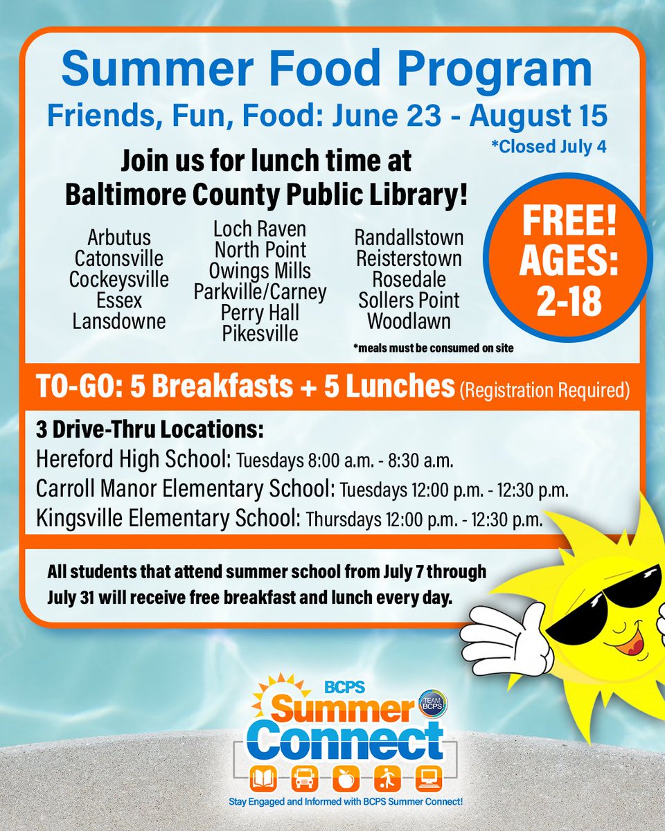 🌞 Spread the word! The BCPS Summer Food Service Program is scheduled for June 23 - August 15! Learn more at bcps.org/foodandnutriti…