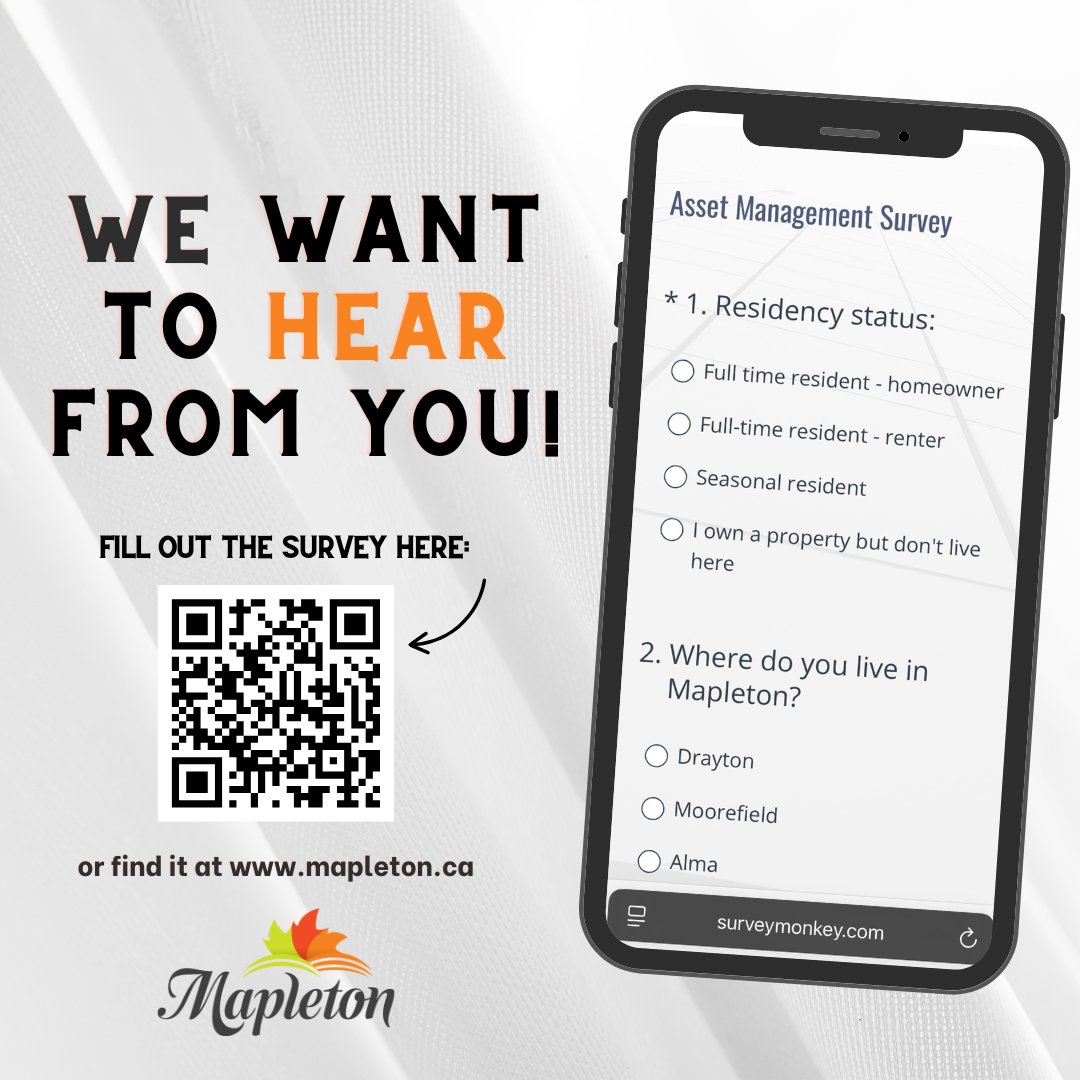 Township of Mapleton (@mapletontwp) on Twitter photo Let’s build a better Mapleton together!
Take 7–10 minutes to share how we’re doing and where we can improve...
🔗 surveymonkey.com/r/JRGQMJF
If you have any questions, please reach out to Aman Bains, Asset Procurement Manager
📞 519.638.3313 Ext. 044 | ✉️ abains@mapleton.ca Let’s build a better Mapleton together!
Take 7–10 minutes to share how we’re doing and where we can improve...
🔗 surveymonkey.com/r/JRGQMJF
If you have any questions, please reach out to Aman Bains, Asset Procurement Manager
📞 519.638.3313 Ext. 044 | ✉️ abains@mapleton.ca