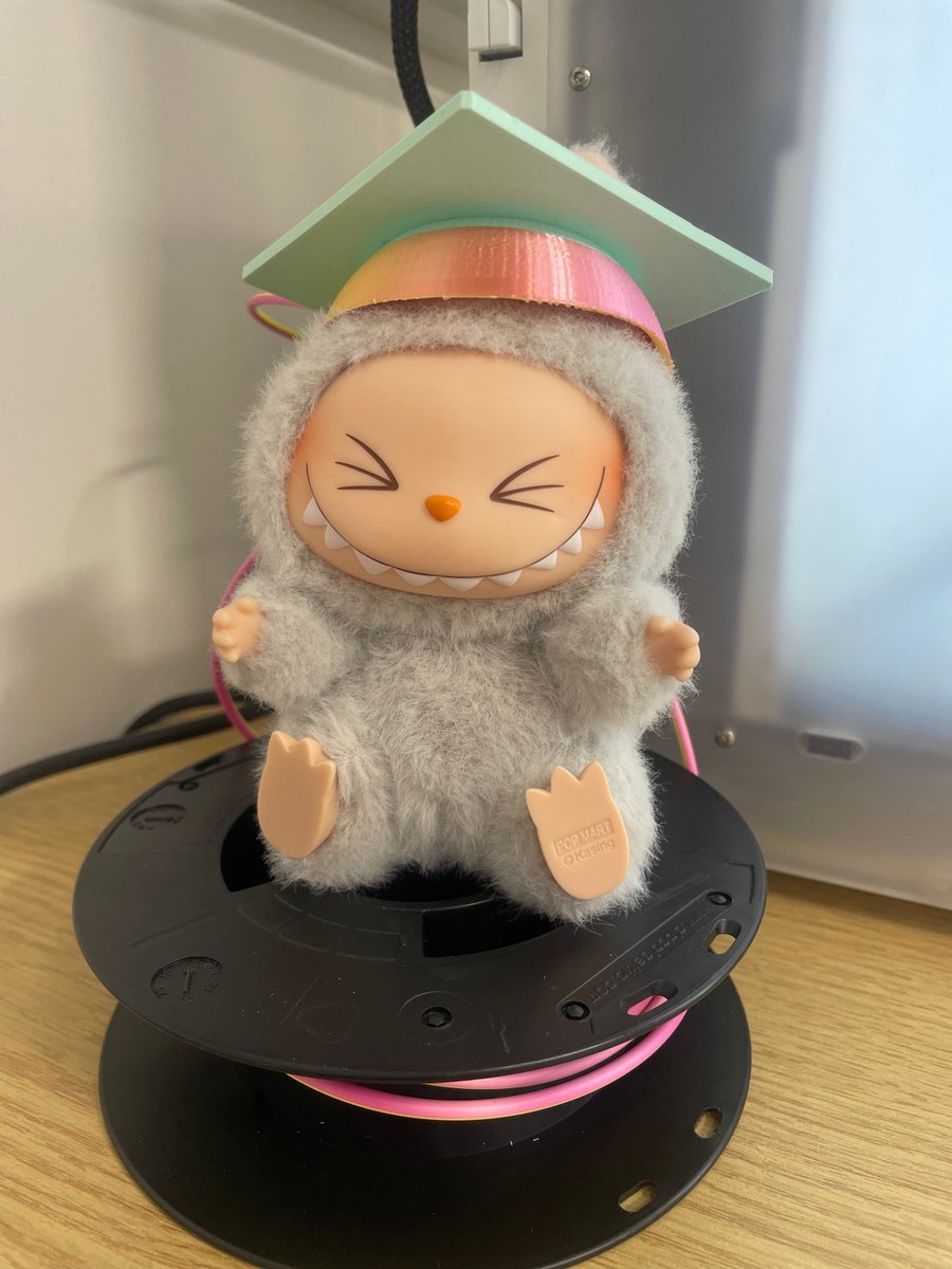 So happy with my attempt at 3D printing two different coloured filaments in one. 
And our furry friend is very happy with his new mortarboard all ready for graduations to being.
#multicoloured #labubu #popmart #filamentfriday