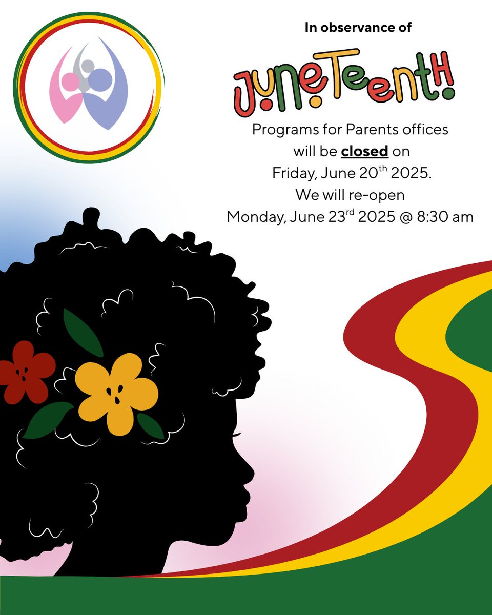 ProgramsParents's tweet photo. Office Closure Notice| Aviso de Cierre|Nòt Fèmti Biwo
In observance of Juneteenth, Programs for Parents will be closed on Friday, June 20, 2025. We will reopen Monday, June 23 at 8:30 AM.
🖤💚❤️Juneteenth is a time to celebrate freedom, family, and the power of coming together. https://t.co/VGwso8T4aI