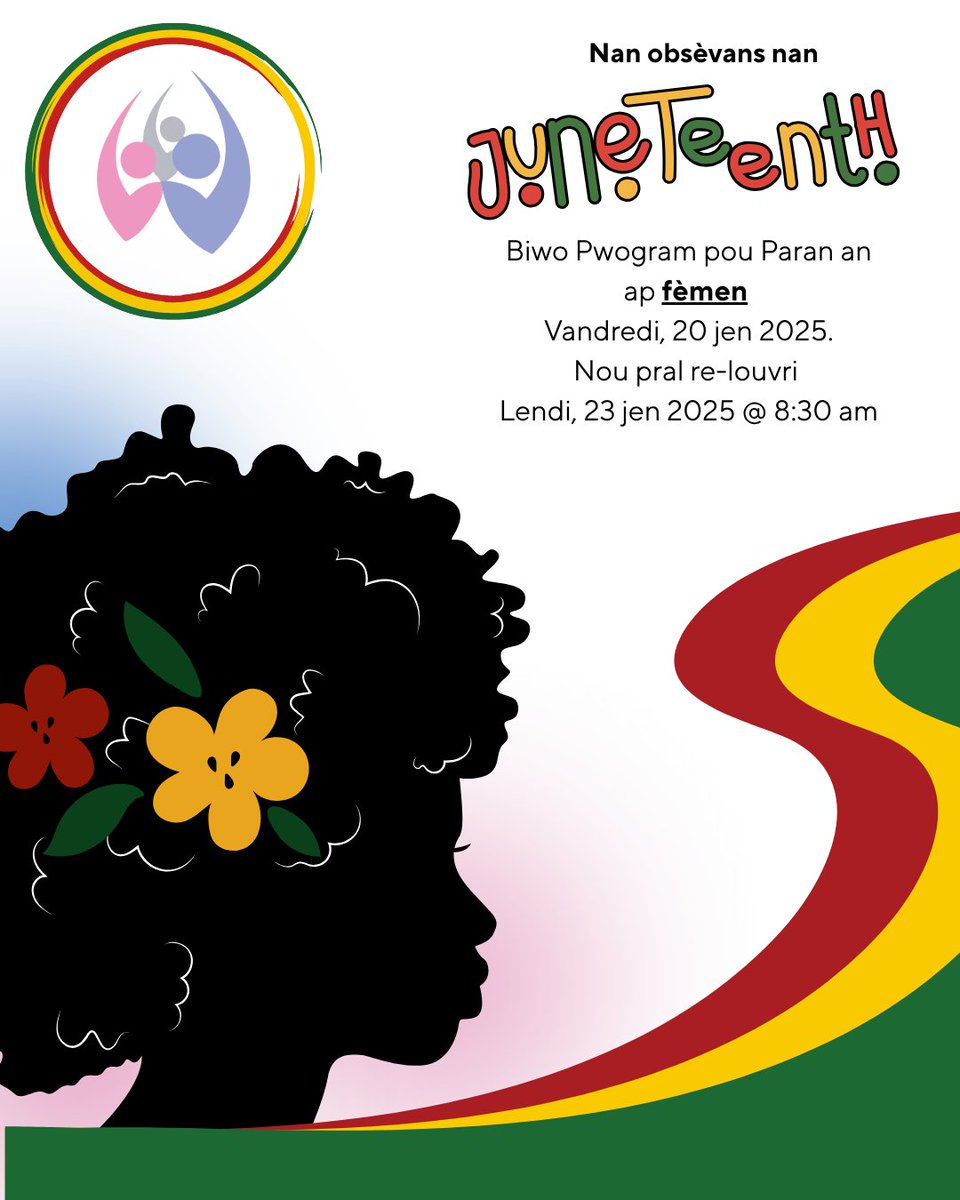 Office Closure Notice| Aviso de Cierre|Nòt Fèmti Biwo
In observance of Juneteenth, Programs for Parents will be closed on Friday, June 20, 2025. We will reopen Monday, June 23 at 8:30 AM.
🖤💚❤️Juneteenth is a time to celebrate freedom, family, and the power of coming together.