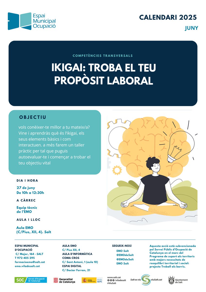 #FormacióEMO 
'Ikigai: Troba el teu propòsit laboral'
Vols conèixer-te millor a tu mateix/a?
Vine i aprendràs què és l‘Ikigai.
Taller pràctic per tal que puguis autoevaluar-te i començar a trobar el teu objectiu vital
27 juny
10h 
ℹ️✍️emo.viladesalt.cat/calendari/