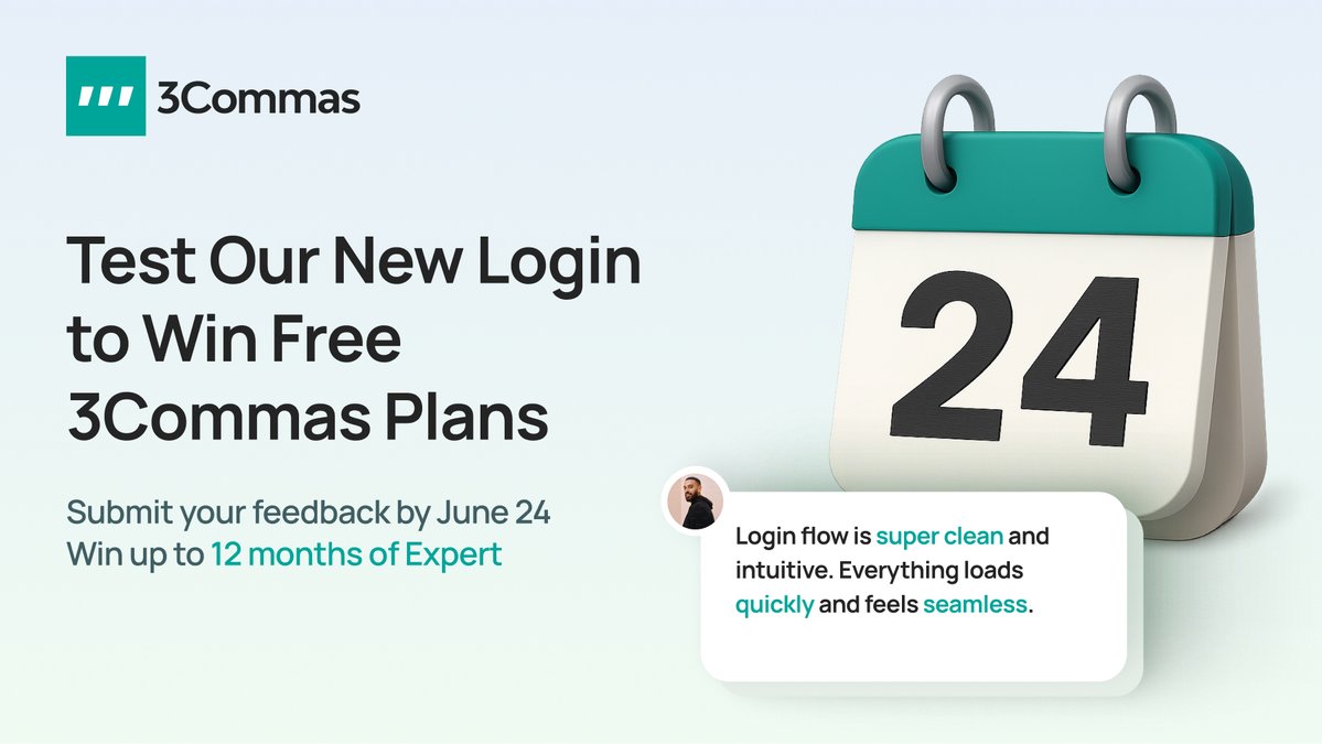 3Commas's tweet photo. 🧪 Only a few days left to test and win
Try our new login and leave your thoughts
🎁 You could win up to 12 months of Expert or Pro
👉 Prototype: https://t.co/x1OexqEP6p
FAQ: https://t.co/x17xu2ohkO
T&C: https://t.co/QVVKstUB3A
#3Commas #TestingContest