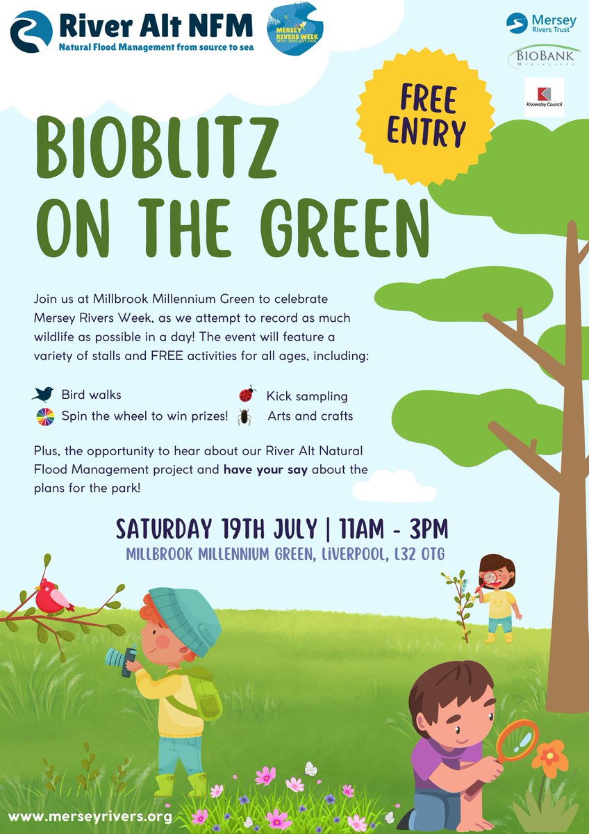 The Mersey Rivers Trust is hosting BioBlitz on the Green, an exciting event this summer! 🌿🦋 It’s a free, fun and educational day for families and nature lovers of all ages on Saturday 19th July. 🌞 Please read below for more information. 👇