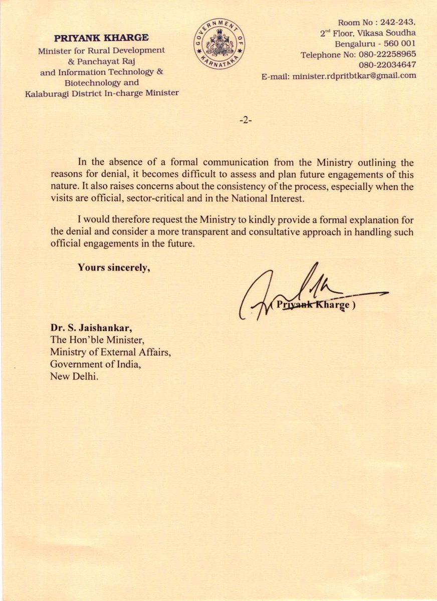 I have written to the Minister of External Affairs, Sri. Jaishankar, seeking clarity on why political clearance for my official visit to the United States was denied. I do so with a deep sense of responsibility to the people of Karnataka, to whom I am duty-bound. The visit was