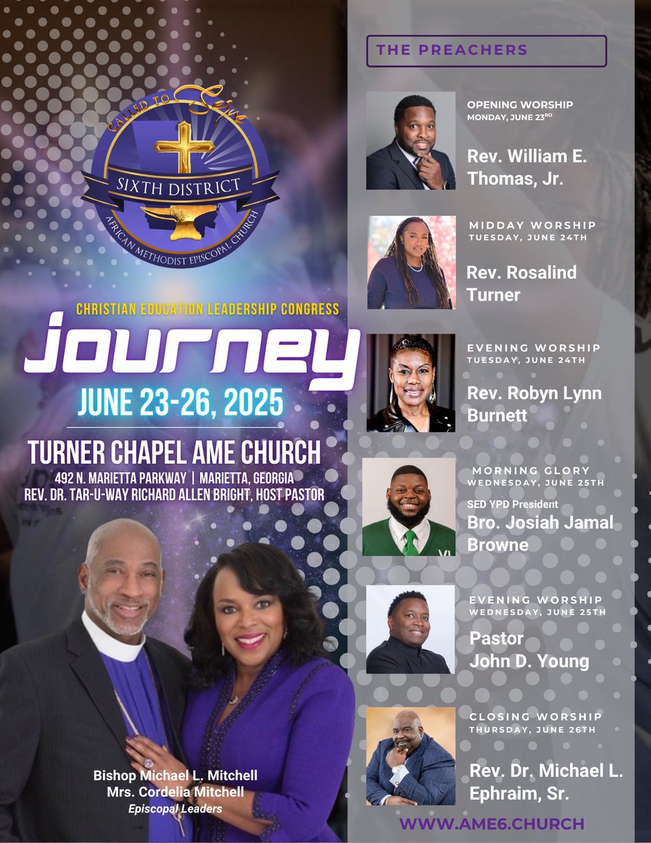 J. Derrell (@jderrellyoung) on Twitter photo Honored to preach during Evening Worship at the Sixth District Christian Ed Leadership Congress! 🔥
📅 June 25 | 🕗 7PM | 📍Turner Chapel AME – Marietta, GA
Theme: “Journey – Called to Serve”
Let’s grow together! 🙌🏽
#Journey2025 #CalledToServe #AME6 #PastorJohnDYoung #AMEChurch Honored to preach during Evening Worship at the Sixth District Christian Ed Leadership Congress! 🔥
📅 June 25 | 🕗 7PM | 📍Turner Chapel AME – Marietta, GA
Theme: “Journey – Called to Serve”
Let’s grow together! 🙌🏽
#Journey2025 #CalledToServe #AME6 #PastorJohnDYoung #AMEChurch