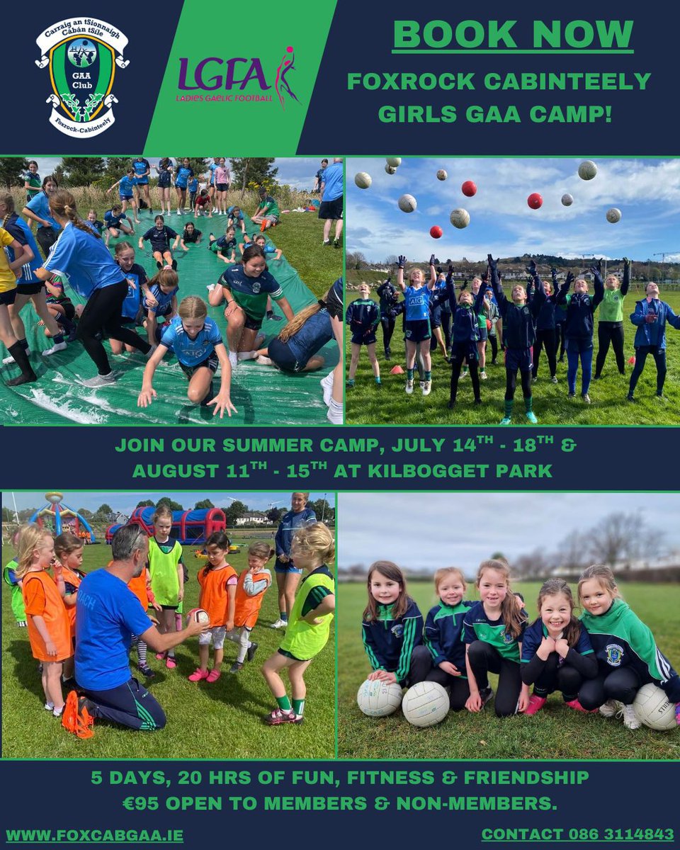 Foxrock-Cabinteely GAA (@officialfoxcab) on Twitter photo ๐๐๐๐๐๐๐๐๐๐
FOXCAB GAA SUMMER CAMPS 2025 โ Donโt Miss Out!
๐ญ5โ13
๐บ Kilbogget Park
๐Jul 14โ18/Aug 11โ15, 10-2pm
โ
๏ธ Games & skills!
Enjoy: Water fun/prizes/etc
Play: Mini matches
Meet: Surprise guests!
Text Name + DOB to:
David 086 311 4843
Jane 087 278 0406 ๐๐๐๐๐๐๐๐๐๐
FOXCAB GAA SUMMER CAMPS 2025 โ Donโt Miss Out!
๐ญ5โ13
๐บ Kilbogget Park
๐Jul 14โ18/Aug 11โ15, 10-2pm
โ
๏ธ Games & skills!
Enjoy: Water fun/prizes/etc
Play: Mini matches
Meet: Surprise guests!
Text Name + DOB to:
David 086 311 4843
Jane 087 278 0406
