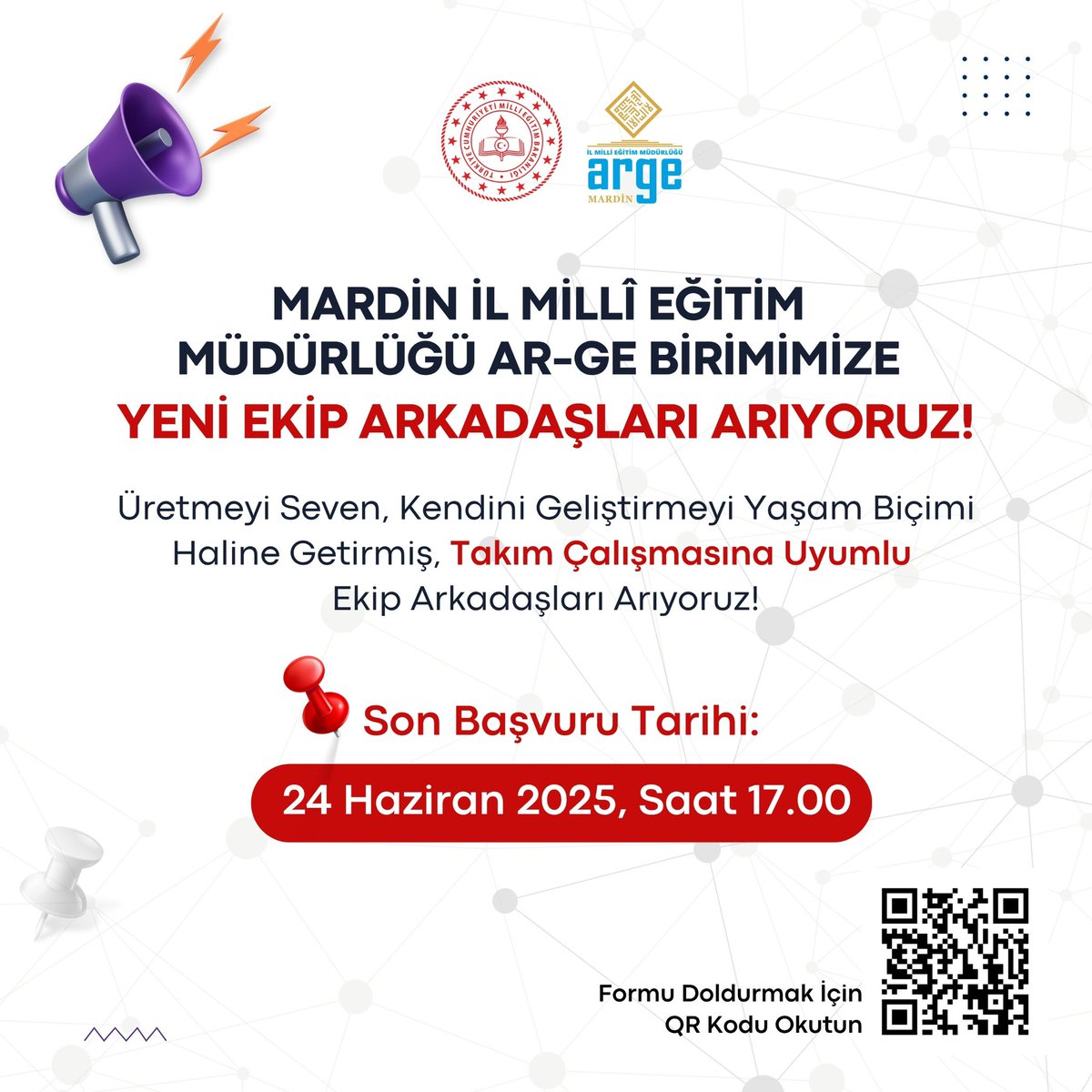 📣 Mardin İl MEM Ar-Ge Birimimize Yeni Ekip Arkadaşları Arıyoruz!

✅ Üretken, takım çalışmasına yatkın ve gelişime açık bireylerseniz sizi de aramızda görmek isteriz!

📌 Son Başvuru: 24 Haziran 2025, Saat 17.00

📝 Başvuru Formu: forms.gle/7xcJbS8L56PSsq…