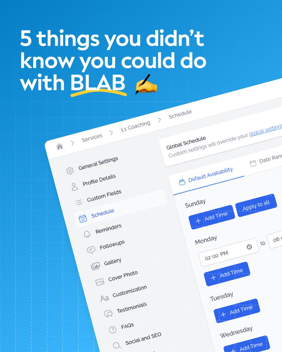 Here are 5 underrated Book Like a Boss features that make your life easier:
• Set custom availability
• Program discount coupons
• Customize the time between sessions
• Accept payments instantly
• Collect client notes ahead of time
No fluff. Just boss-level control.