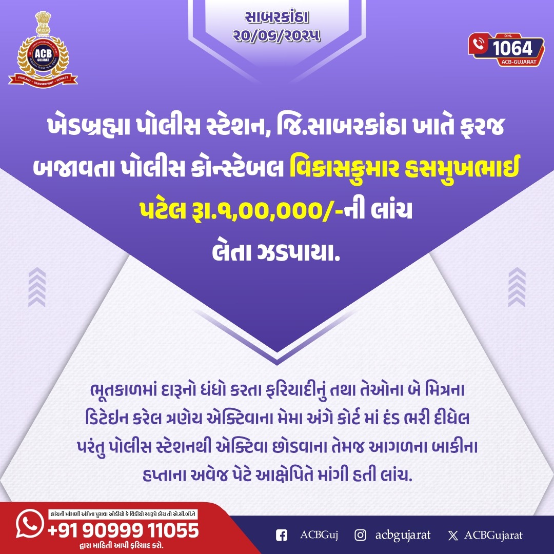 ACB Gujarat (@acbgujarat) on Twitter photo ખેડબ્રહ્મા પોલીસ સ્ટેશન, જિ.સાબરકાંઠા ખાતે ફરજ બજાવતા પોલીસ કોન્સ્ટેબલ વિકાસકુમાર હસમુખભાઈ પટેલ રૂા.૧,૦૦,૦૦૦/-ની લાંચ લેતા ઝડપાયા.
Dial 1064
<a href="/sanghaviharsh/">Harsh Sanghavi</a> <a href="/PIYUSH_270871/">PIYUSH PATEL IPS</a> <a href="/InfoGujarat/">Gujarat Information</a>
.
.
#ACBGujarat #Gujarat #FightAgainstCorruption #CareProgram ખેડબ્રહ્મા પોલીસ સ્ટેશન, જિ.સાબરકાંઠા ખાતે ફરજ બજાવતા પોલીસ કોન્સ્ટેબલ વિકાસકુમાર હસમુખભાઈ પટેલ રૂા.૧,૦૦,૦૦૦/-ની લાંચ લેતા ઝડપાયા.
Dial 1064
<a href="/sanghaviharsh/">Harsh Sanghavi</a> <a href="/PIYUSH_270871/">PIYUSH PATEL IPS</a> <a href="/InfoGujarat/">Gujarat Information</a>
.
.
#ACBGujarat #Gujarat #FightAgainstCorruption #CareProgram