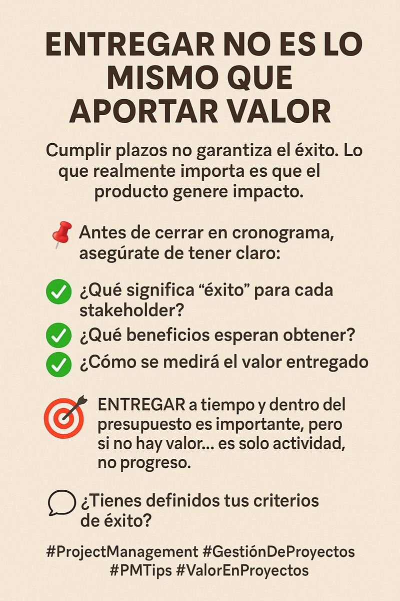 DataSe0's tweet image. 📌 Entregar no es igual a generar valor.
✅ ¿Qué significa éxito para cada stakeholder?
✅ ¿Cómo se medirá el impacto?
🎯 A tiempo y en presupuesto no basta si el producto no transforma.
¿Tienes tus criterios de éxito claros?
#ProjectManagement #PMTips